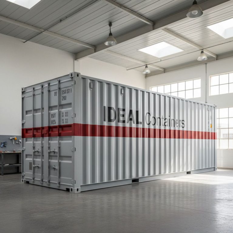 Freshly repainted red and grey shipping container with IDEAL Containers branding in Kenya