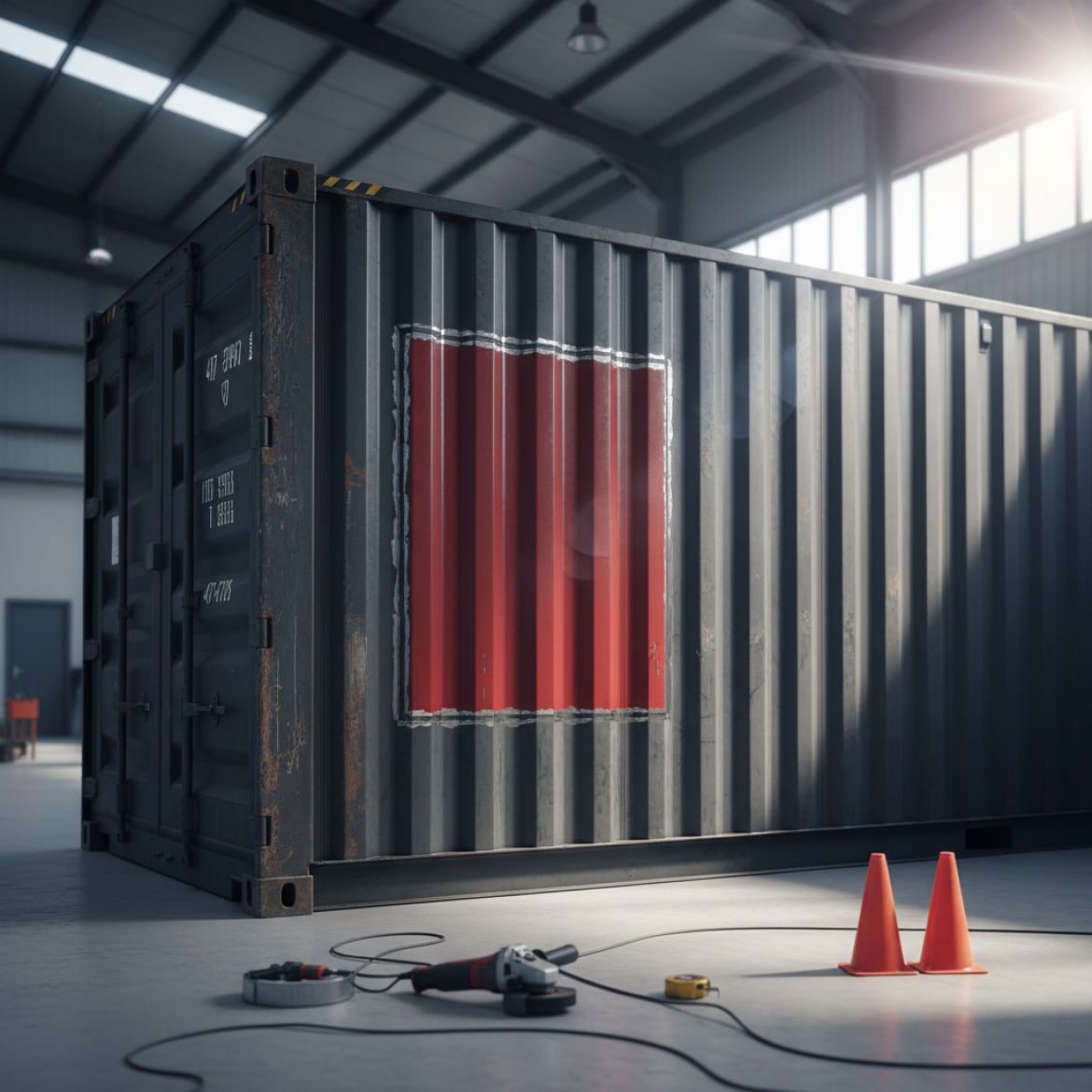Damaged shipping container being inspected for a repair quote from IDEAL Containers in Kenya
