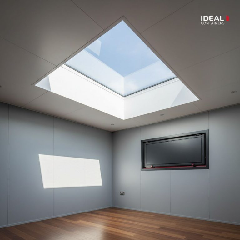 A modified shipping container with installed container roof hatches and skylights providing natural light and ventilation, br