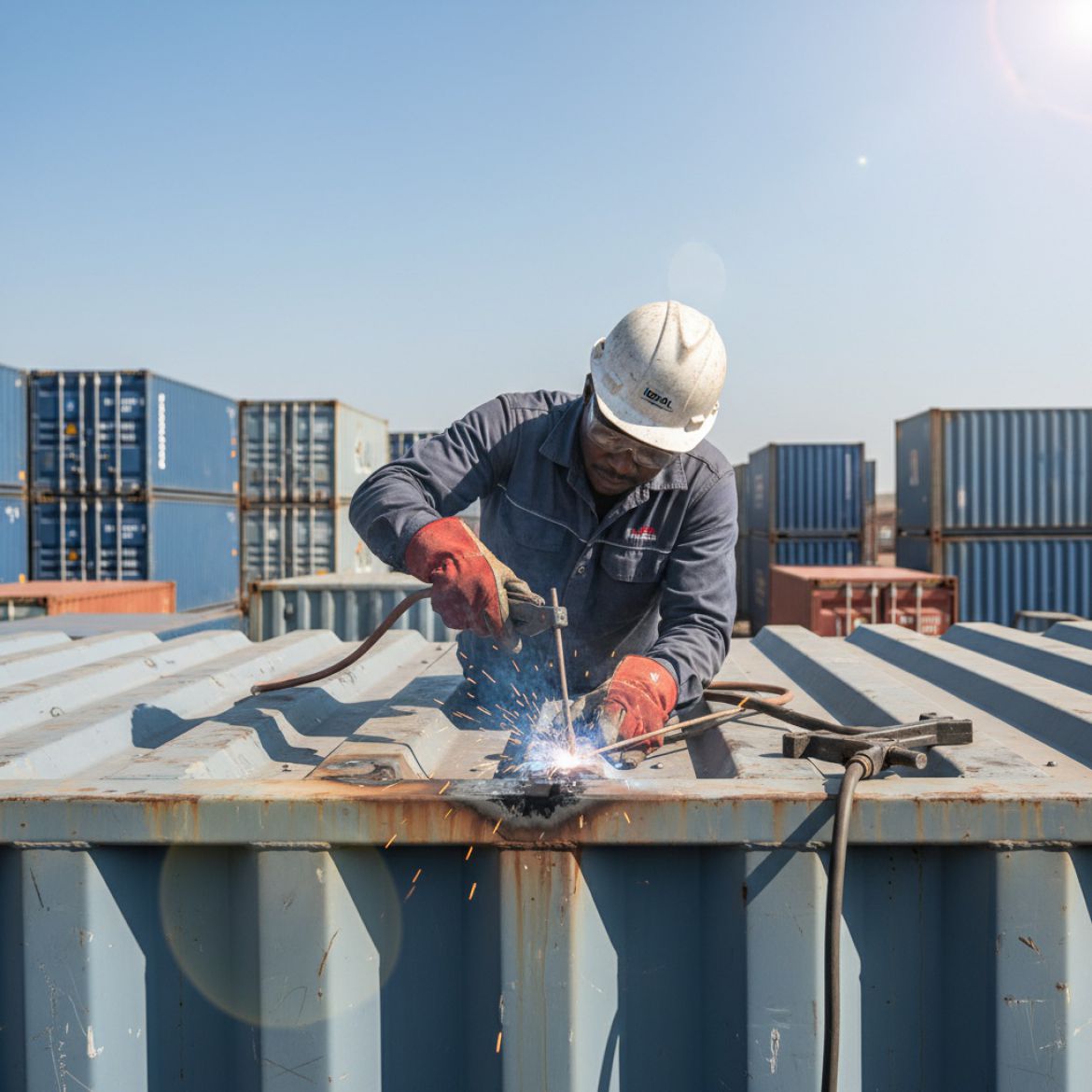 IDEAL Containers technician performing professional container roof repairs in Kenya, ensuring weatherproofing and structural 