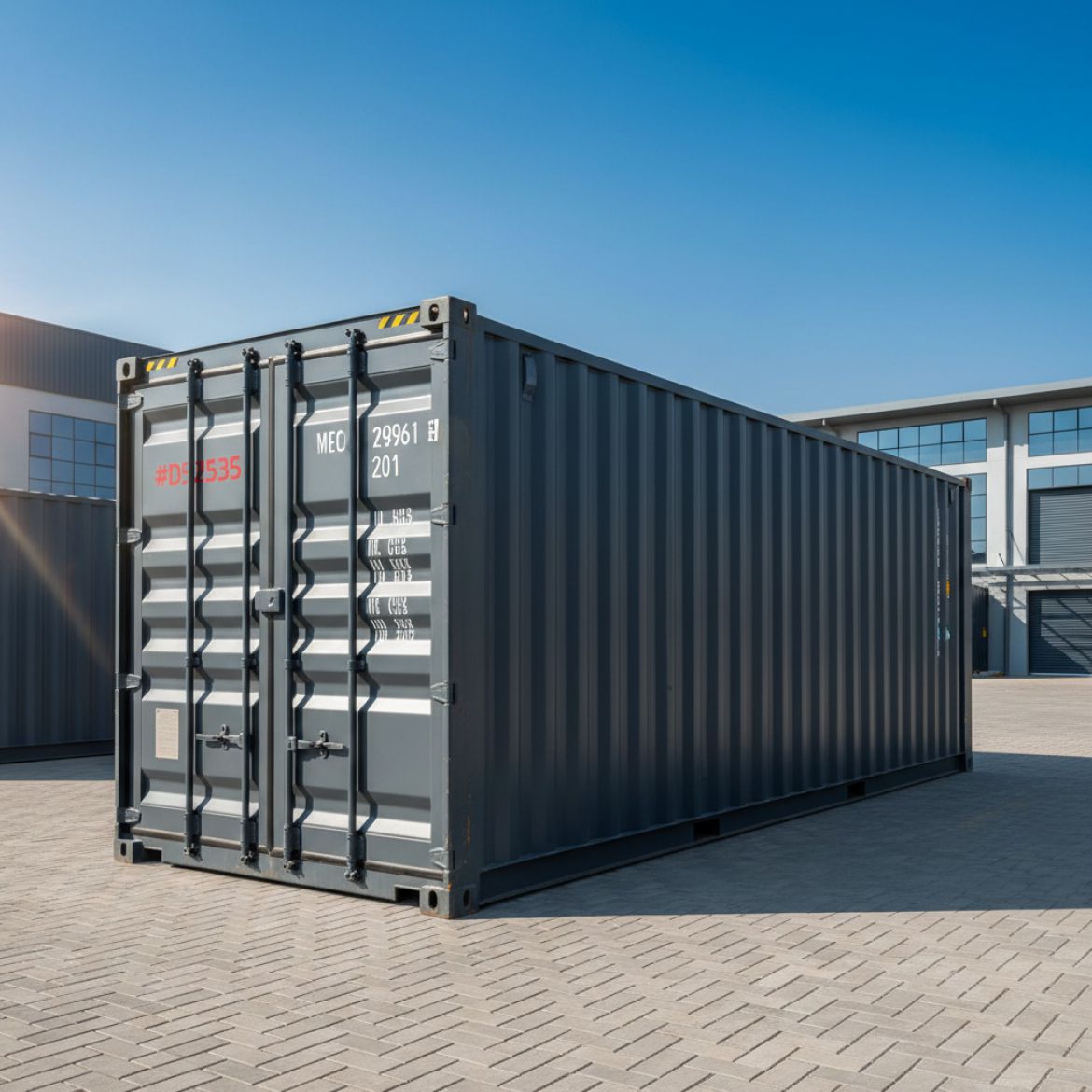 Large red IDEAL Containers shipping container used for secure on-site storage hire at a construction site in Kenya, with a he