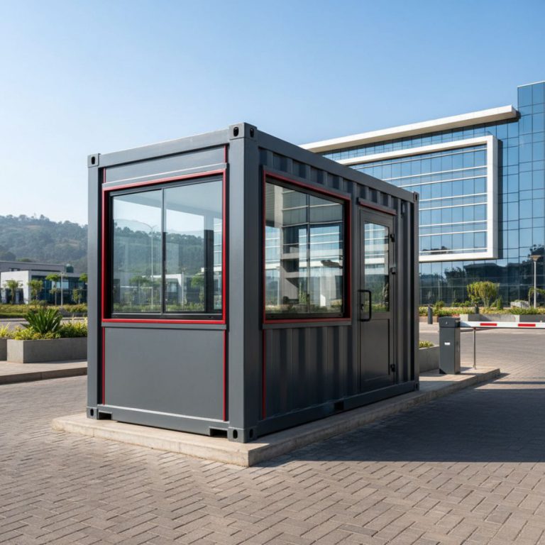 A modern, sturdy steel Security Guard Cabin from IDEAL Containers on a construction site in Kenya.