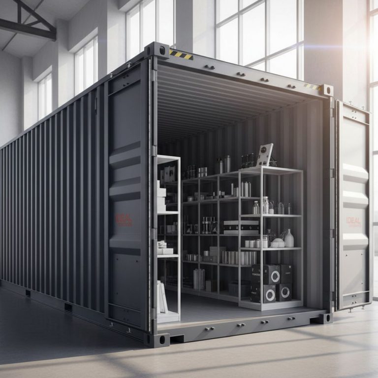 A 20ft Side-Opening Container with its full side doors open, showing easy forklift access in a Kenyan industrial setting.