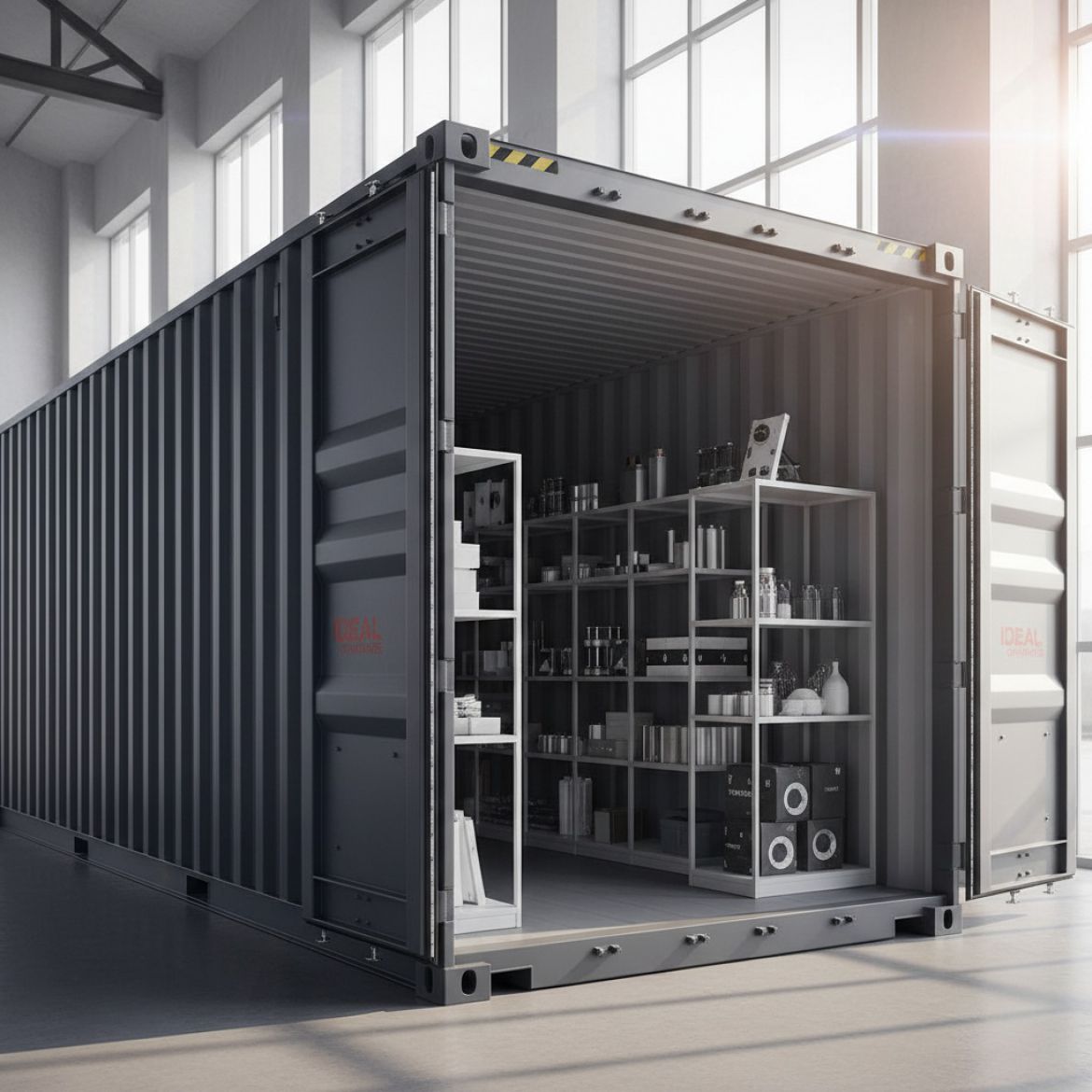 A 20ft Side-Opening Container with its full side doors open, showing easy forklift access in a Kenyan industrial setting.