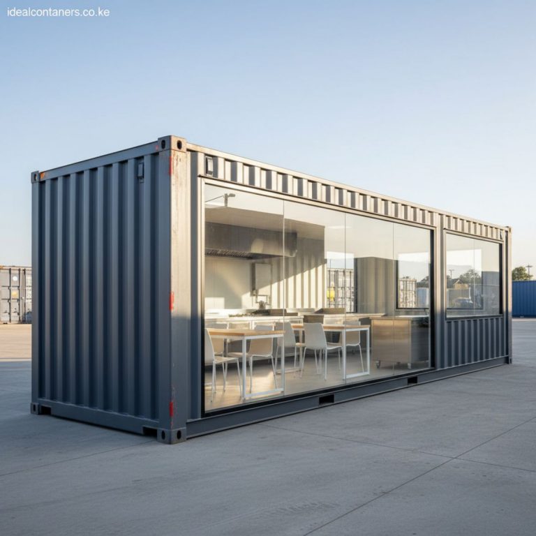Exterior view of a modern red and grey Site Canteen Container on a construction site in Kenya, with workers entering for a me