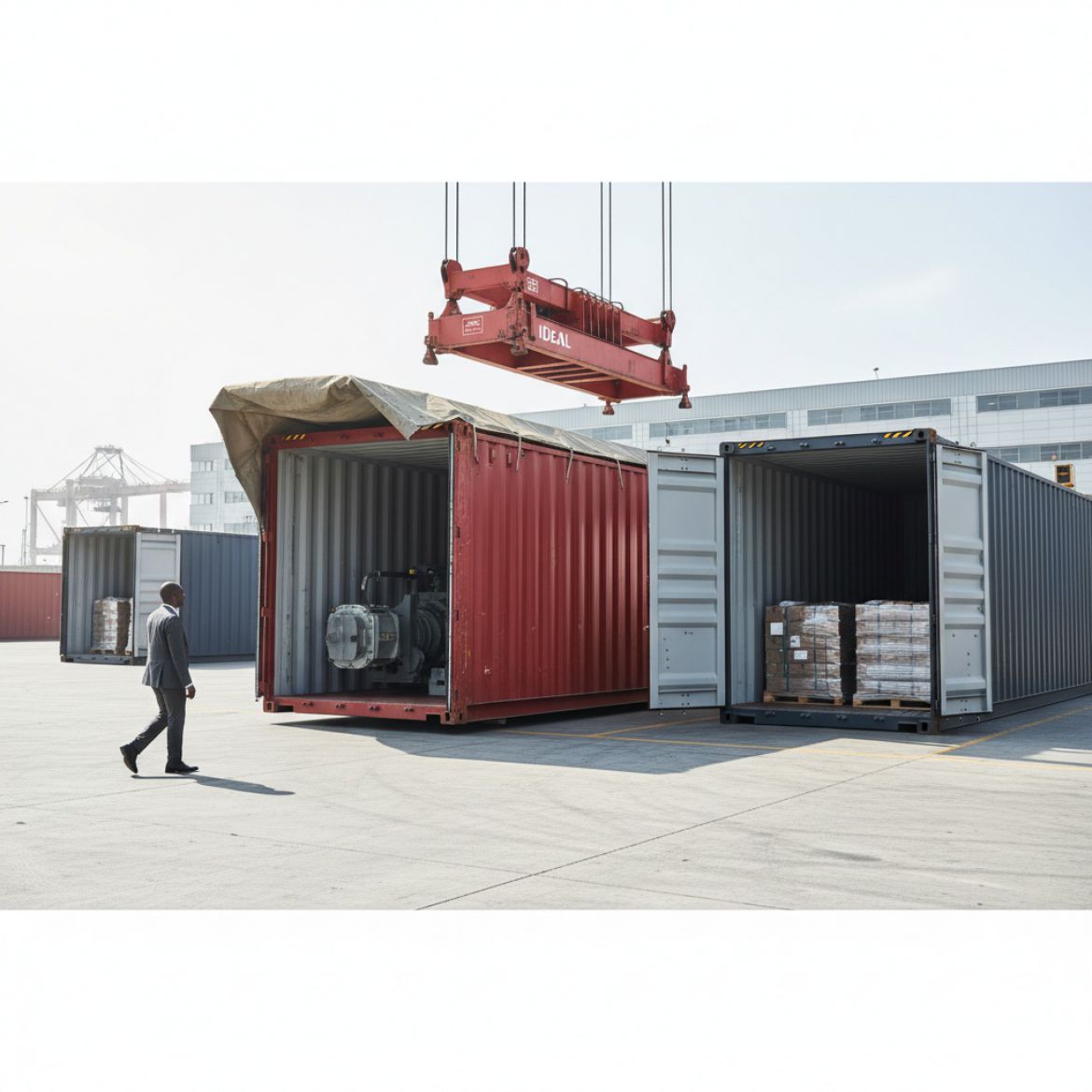 A flat rack container loaded with heavy machinery at an IDEAL Containers yard in Kenya