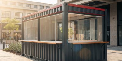 A vibrant red and dark grey Standard Container Stall from IDEAL Containers, featuring a large serving window and branding, se