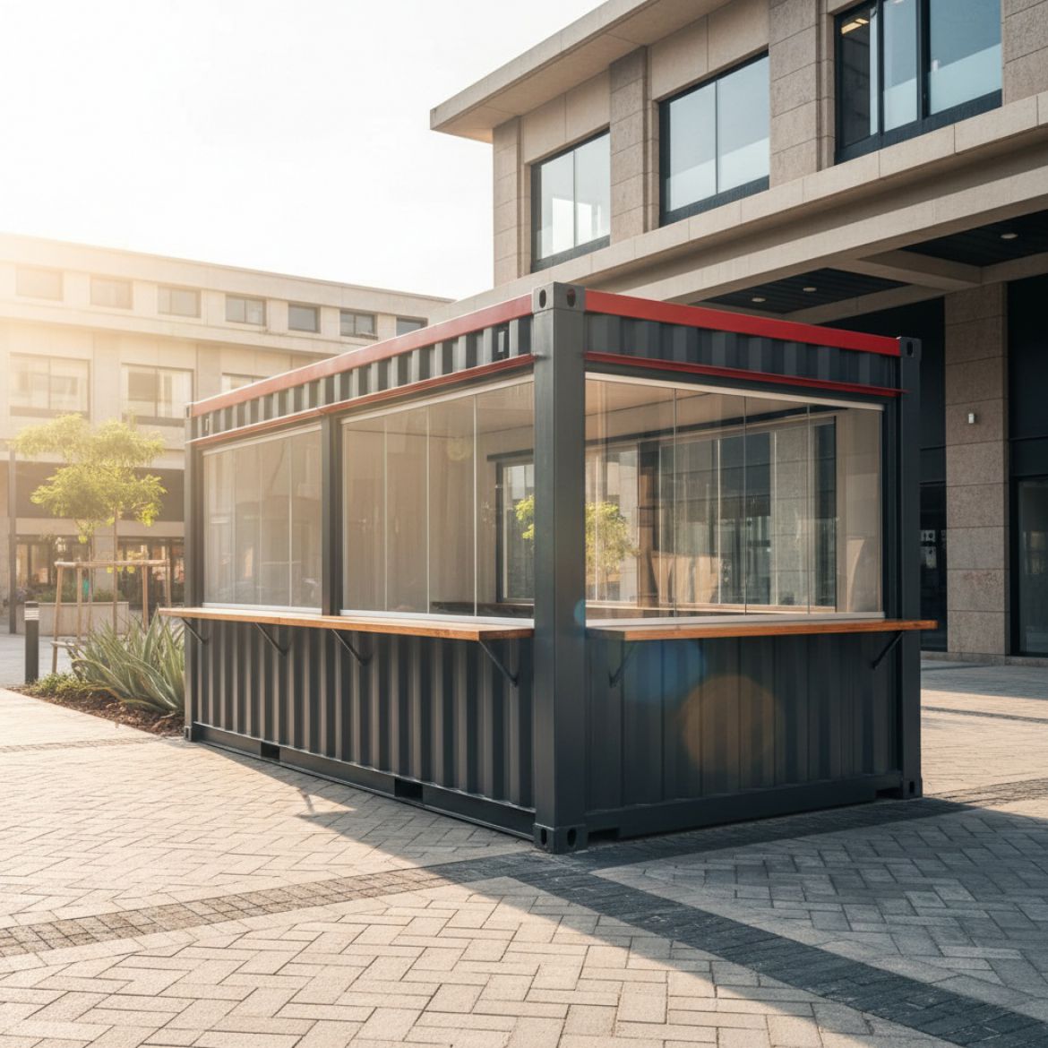 A vibrant red and dark grey Standard Container Stall from IDEAL Containers, featuring a large serving window and branding, se