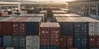 Various sizes of Standard Dry Containers stacked at a busy port facility in Kenya, ready for shipping and storage