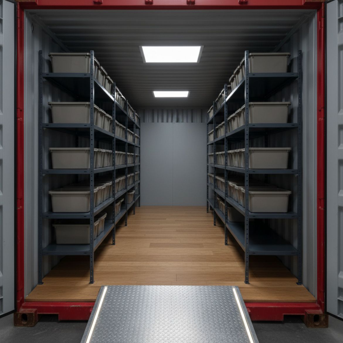 Interior of a shipping container with heavy-duty shelving, racking systems, and an external access ramp, highlighting Contain