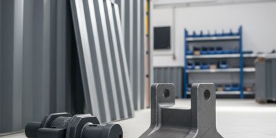 Close-up of shipping container corner casting with twist lock, demonstrating robust structural components.