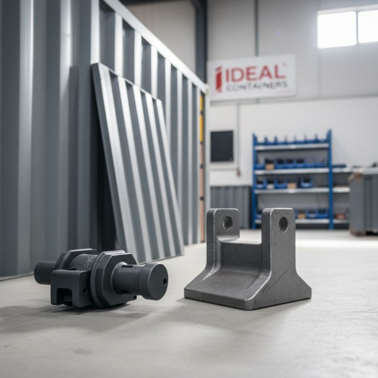 Close-up of shipping container corner casting with twist lock, demonstrating robust structural components.