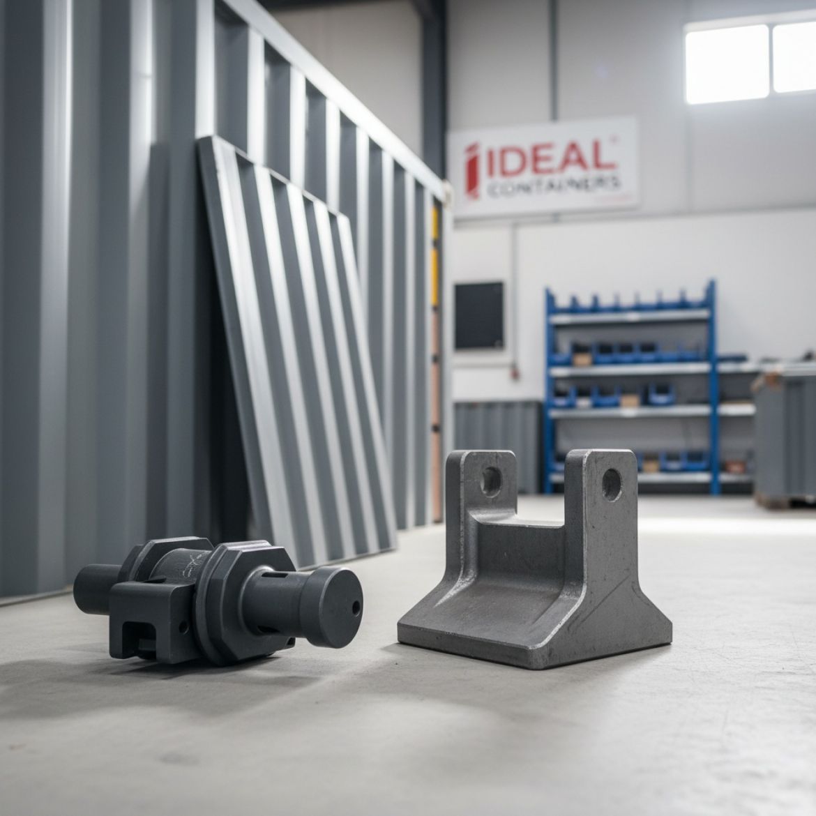 Close-up of shipping container corner casting with twist lock, demonstrating robust structural components.