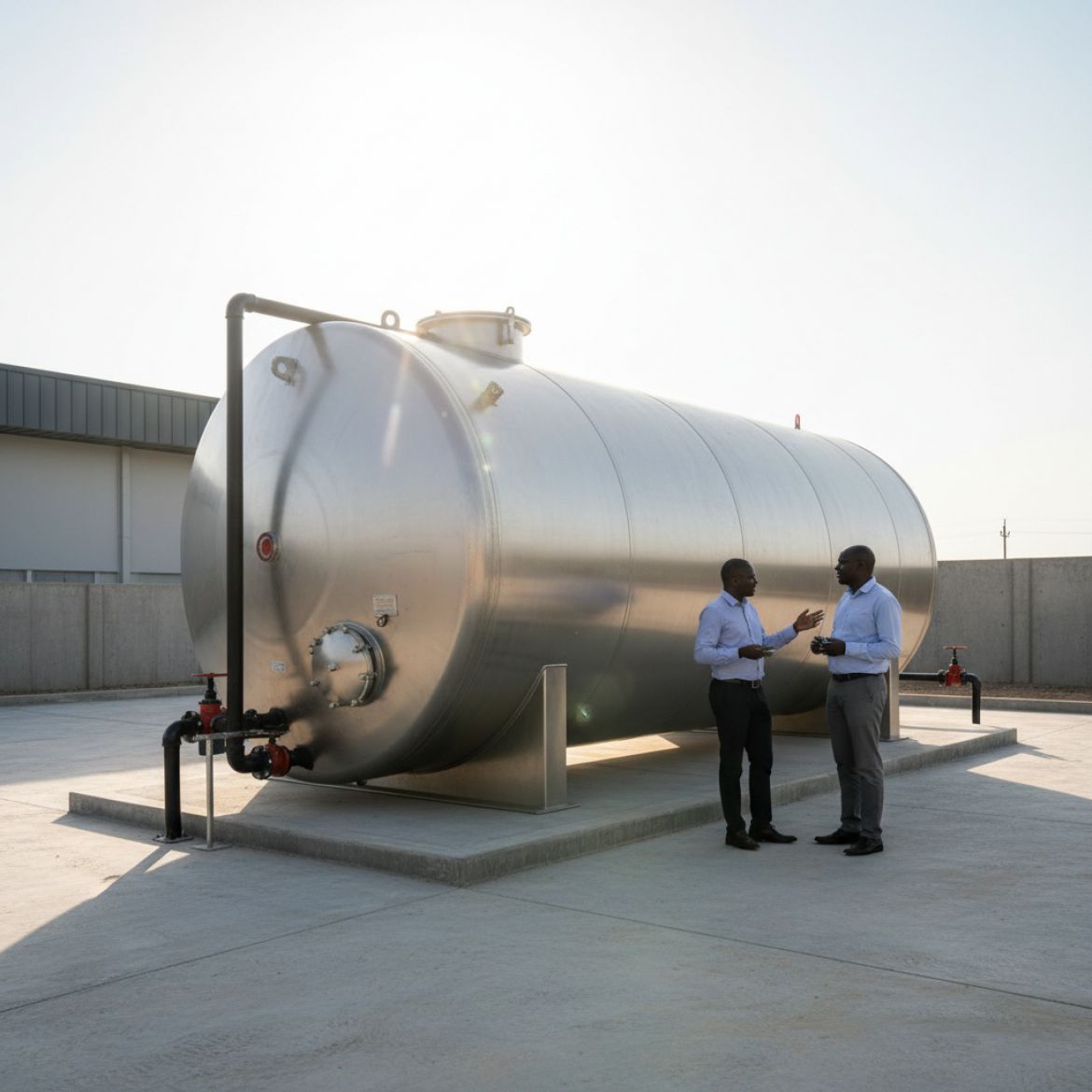 Several large, robust tanks for water storage in a field, with a Kenyan landscape in the background, supplied by IDEAL Contai