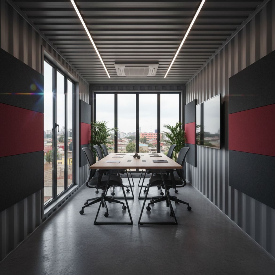 Interior of a modern training room container with desks and projector screen, built by IDEAL Containers in Kenya