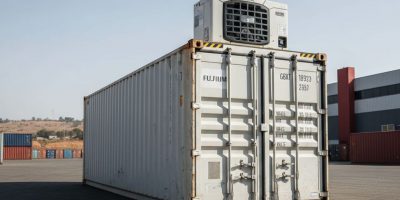 A well-maintained 20ft Used Reefer Container for sale by IDEAL Containers in Kenya, showing refrigeration unit.