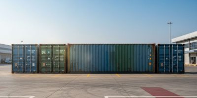 A used Grade B shipping container with visible dents and surface rust but intact structure, ideal for storage in Kenya.