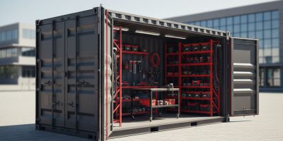 A red shipping container converted into a secure workshop and equipment store container on a construction site in Kenya, show