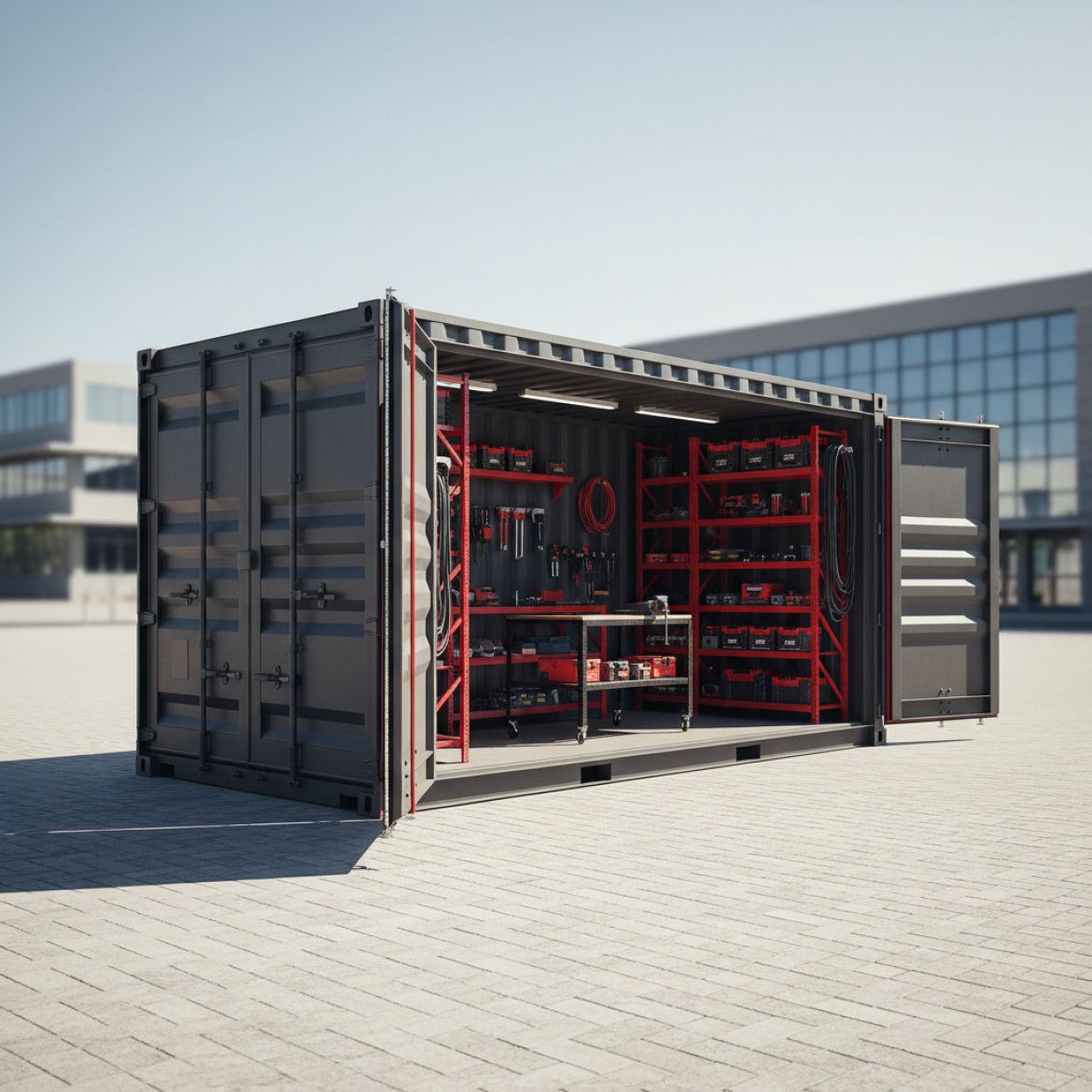 A red shipping container converted into a secure workshop and equipment store container on a construction site in Kenya, show